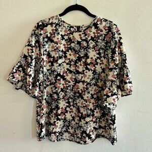 Essentiel Antwerp Haut Rock n Roll Floral Top Size 4 Black Pink Ruffle Cuffs